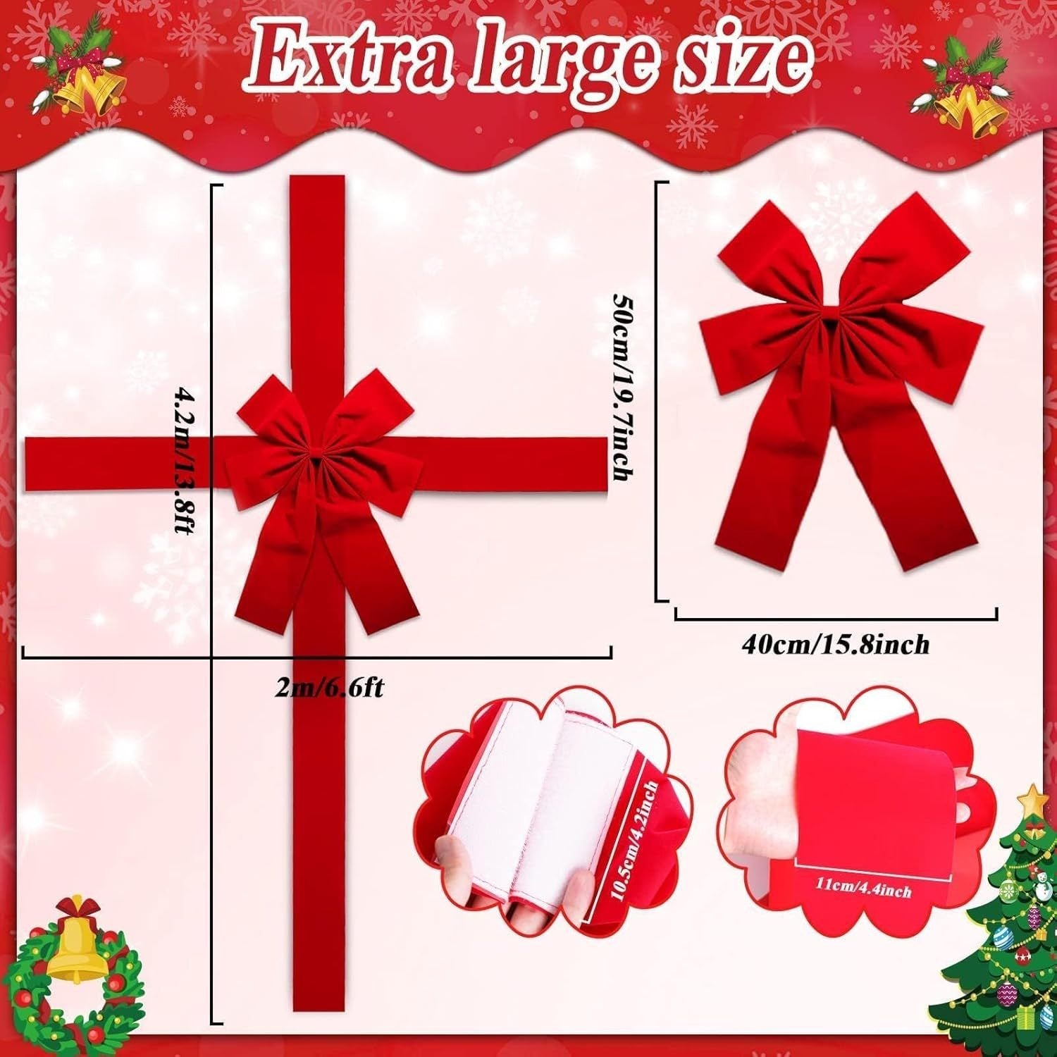 Extra large Christmas Door Hanging Bow Ribbon with dimensions and straps for festive DIY decorations.