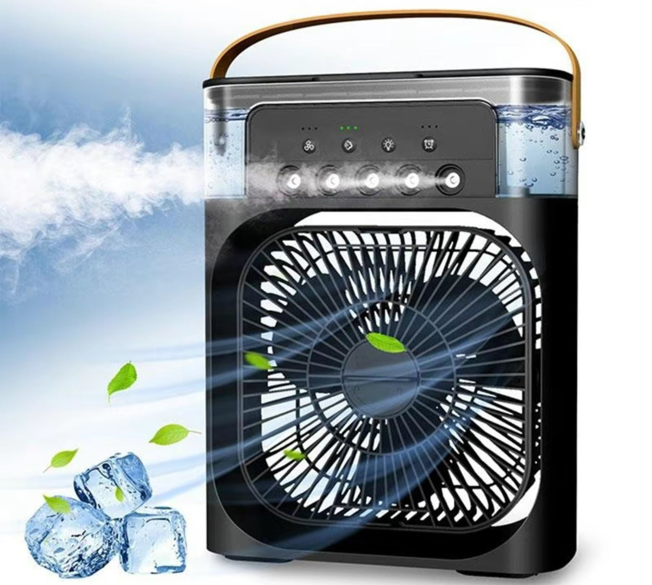 portable air cooler fan with ice cubes and water spray, compact design, perfect for cooling spaces