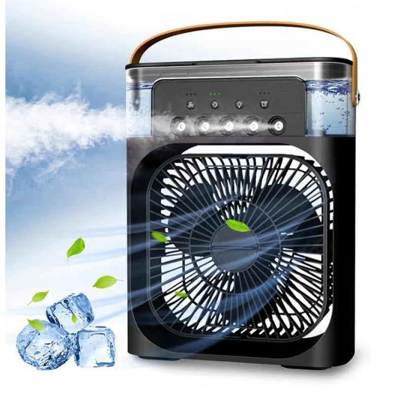 Portable air cooler fan with adjustable wind speeds, LED lights, and compact design for easy portability.